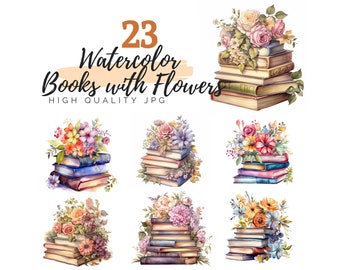 Watercolor Books with Flowers Clipart, Digital Download, Vintage Books, Antique Books, Cozy Reading Clipart, Commercial Use, Old Books