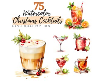 Watercolor Christmas Cocktails Clipart, Holiday Drinks Clipart, High Quality JPG, Digital Download, Watercolor Clipart, Christmas Clipart