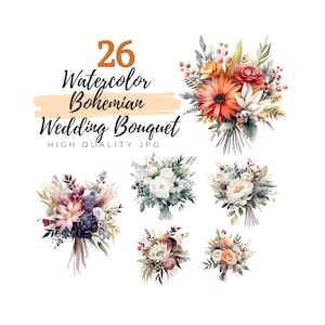 Watercolor Boho Wedding Bouquet Clipart, Boho Clipart, Wedding Clipart, Digital Download, Flowers Clipart, Floral Clipart, Bride Clipart
