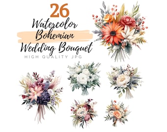 Watercolor Boho Wedding Bouquet Clipart, Boho Clipart, Wedding Clipart, Digital Download, Flowers Clipart, Floral Clipart, Bride Clipart