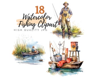 Watercolor Fishing Clipart, Summer Clipart, Camping Clipart, Digital Download, Fathers Day Fishing, Travel Clipart, Fishing Images