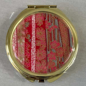 Pink Cherry Blossom Ribbons Washi Paper Gold Compact Mirror