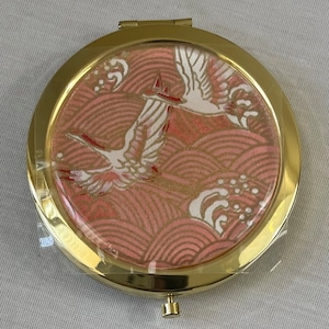 Pink Flying Cranes Washi Paper Gold Compact Mirror