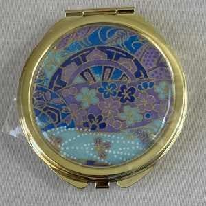 Blue & Purple Floral Ribbons Washi Paper Gold Compact Mirror