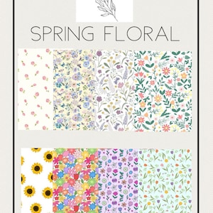 May include: A display of various floral patterns, including sunflowers, roses, and mixed blooms, in a variety of colors. The text "SPRING FLORAL" is displayed in large font. The top of the image has the text "joy by j&j".