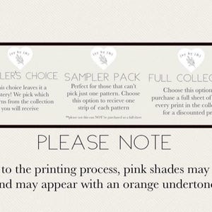 May include: A cream-colored graphic with text describing product options: Dealer's Choice, Sampler Pack, and Full Collection. The text also includes a note about potential color variations in pink shades.