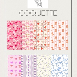 May include: A decorative image featuring the word "COQUETTE" above several fabric patterns. The patterns include pink cowboy boots and bows, strawberries, teddy bears, bows, hearts, and floral designs. The top of the image has the text "joy by j&j".