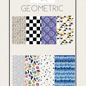 Peut inclure: Une collection de motifs géométriques. Les motifs comprennent des arbres, un damier noir et blanc, des cercles violets, des triangles, des cercles, des formes abstraites, des étoiles et des vagues. Le mot "GEOMETRIC" est affiché au centre de l'image.
