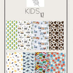 May include: A selection of children's patterned designs. The patterns feature lightning bolts, diggers, trains, cow spots, planets, dinosaurs, comic book speech bubbles, and stars. The text "joy by j&j" and "KIDS V2" are also visible.