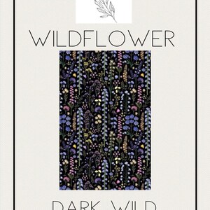 May include: A black background with a floral pattern of wildflowers in shades of purple, blue, yellow, and pink. The text "WILDFLOWER" and "DARK WILD FLOWERS" are displayed in a minimalist font. The logo "joy by j&j" is at the top.