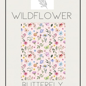 May include: A light pink background features a repeating pattern of colorful wildflowers and butterflies. The text "WILDFLOWER" is above the pattern, and "BUTTERFLY AND FLOWER" is below. The top of the image has the text "joy by j&j" and a floral illustration.