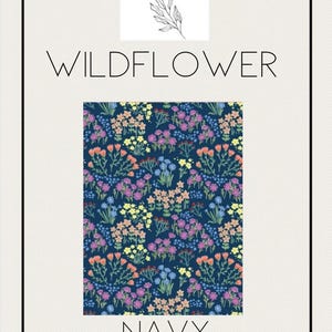May include: Navy blue botanical pattern featuring colorful wildflowers in shades of orange, purple, yellow, and blue. The text "WILDFLOWER" and "NAVY BOTANICAL" are displayed. The image also includes the text "joy by j&j".