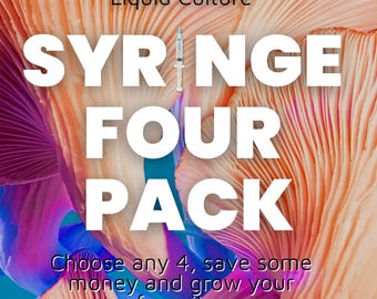 Könnte beinhalten: Ein farbenfrohes Bild eines Pilzes mit dem Text "Liquid Culture" und "SYRINGE FOUR PACK" in weißen Buchstaben. Der Text darunter lautet "Wählen Sie 4 aus, sparen Sie Geld und züchten Sie Ihre Favoriten."