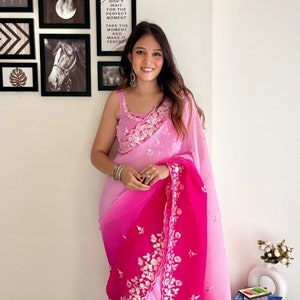 Pink Color Saree , Crush Pleated Sarees ,Embroidered Sequins Work Saree ,Soft Georgette Saree , Traditional Sarees Blouse, Saree For Women