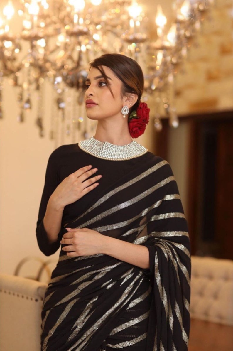 Premium Heavy Sequins Embroidered Saree Blouse , Inspired Manish Malhotra Designer Saree Collection , Saree For Women , Saree For USA image 1
