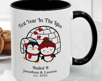 Personalised 1st Anniversary Mug, First Year in the Igloo Mug, Custom Paper Anniversary Gift, Penguin Couple Mug