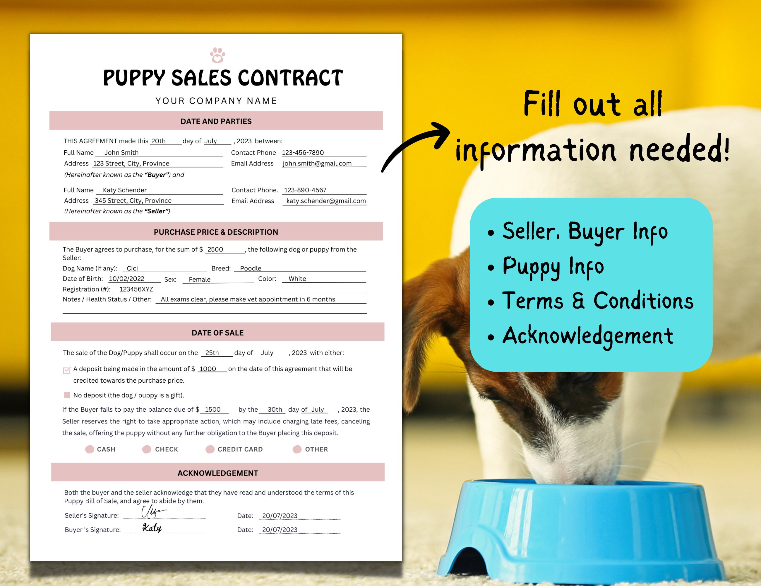 Fillable Puppy Sales Agreement Puppy Bill of Sale Puppy Sales Contract Editable Puppy Deposit ...