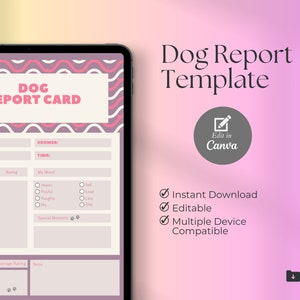 Op de afbeelding: Een roze en witte digitale printbare hondenrapportkaart sjabloon met een cartoon hond illustraties. De sjabloon bevat secties voor activiteiten, beoordeling, stemming en speciale momenten. De tekst "DOG REPORT CARD" staat bovenaan de sjabloon.