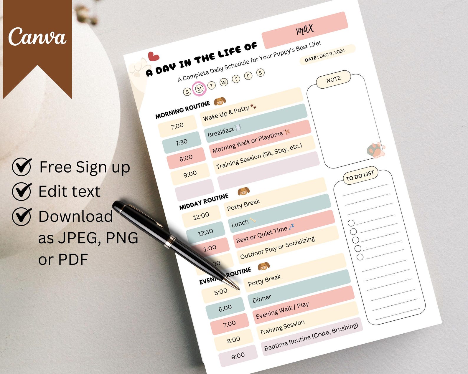 Editable Daily Puppy Schedule Daily Dog Routine Puppy Planner Puppy ...