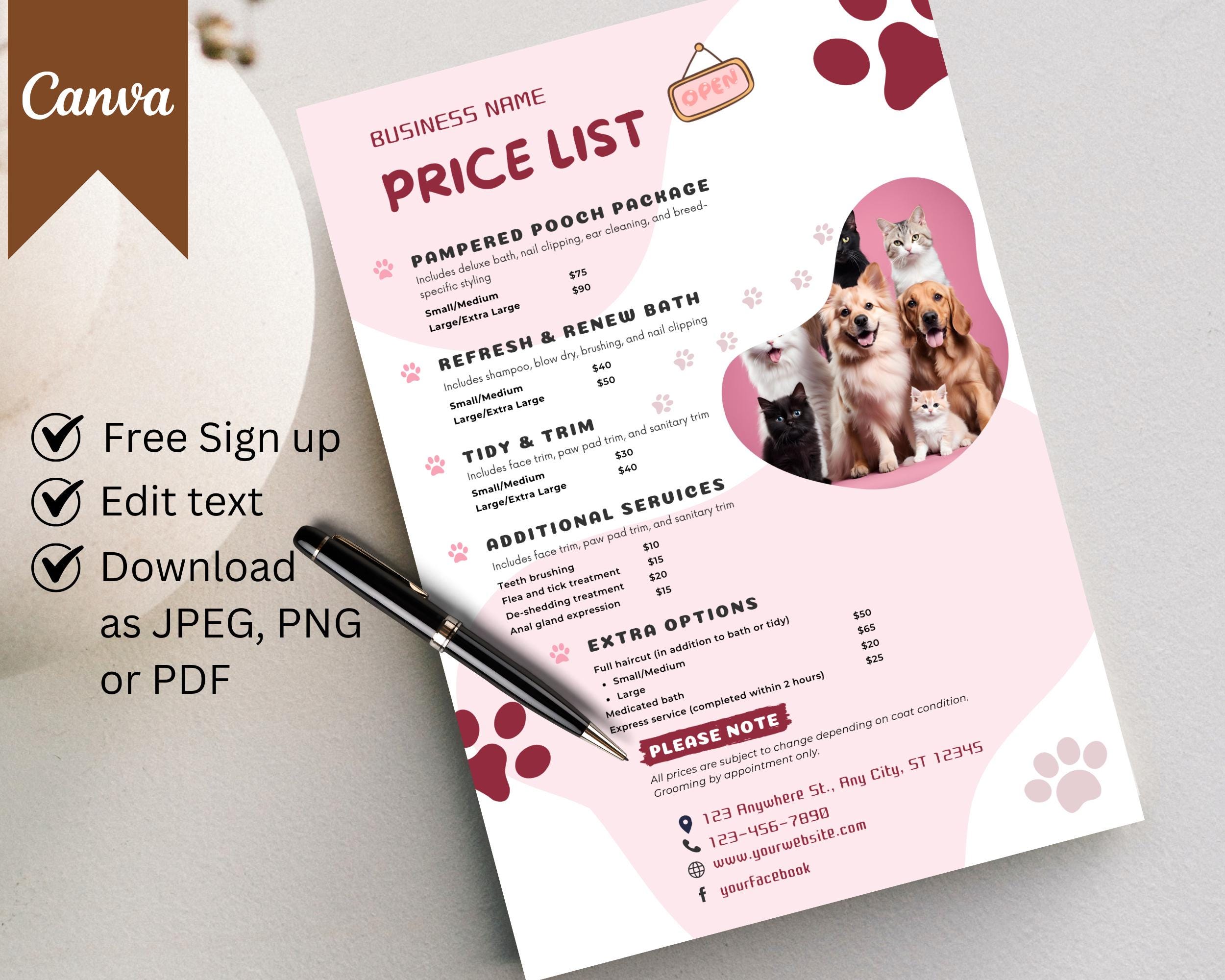 Editable Pet Grooming Price List Dog Grooming Price List Template Pet Editable Pet Grooming Price List Dog Grooming Price List Template Pet