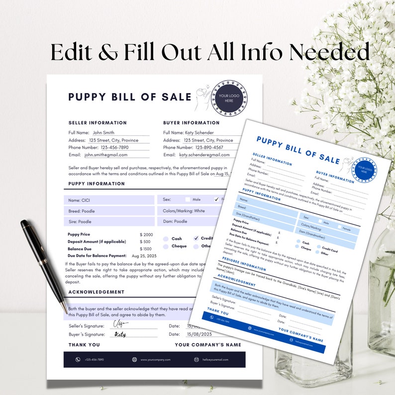 Puppy Bill of Sale Template, Dog Breeder Contract (editable PDF) Etsy