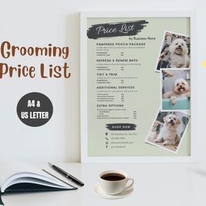 Lista de preços editável de cuidados com animais de estimação Modelo de lista de preços de cuidados com cães Sinal de Groomer de animais de estimação Sinal de salão de animais de estimação Modelo de lista de preços de animais de estimação Folha de preços Canva