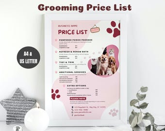 Op de afbeelding: Een roze en witte prijslijst voor een dierenverzorgingssalon. De lijst bevat diensten zoals "Verwend hondje pakket", "Verfrissend en vernieuwend bad", "Opruimen en trimmen" en "Extra diensten". De prijslijst bevat ook een sectie voor "Extra opties". De bedrijfsnaam, het adres, het telefoonnummer en de links naar sociale media staan onderaan de prijslijst.
