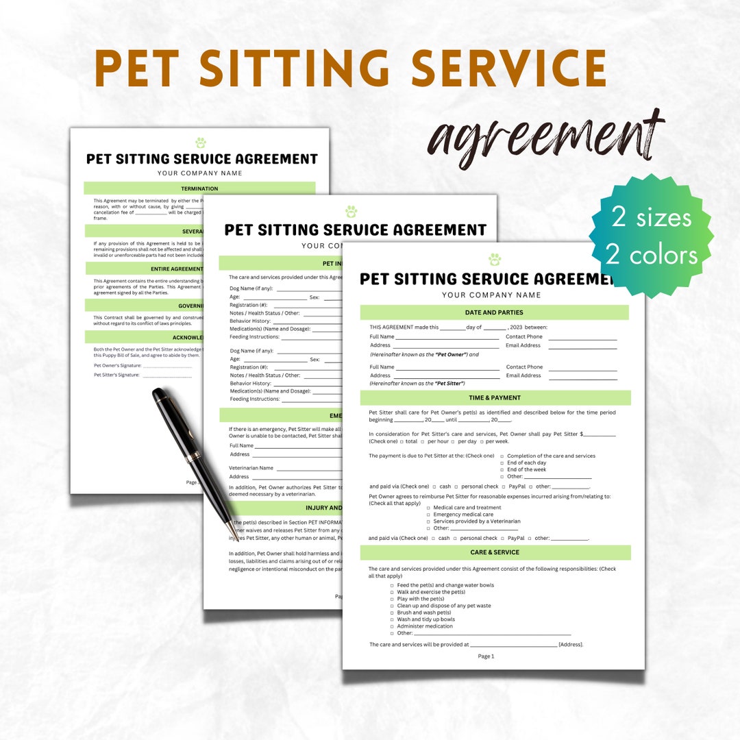 Pet Sitting Forms Service Agreement, 3 Page DIY Editable Canva Template