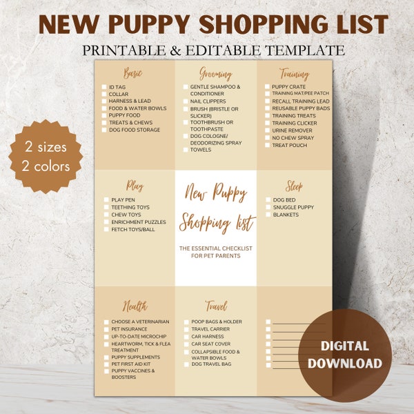 New puppy essentials printable checklists, New puppy shopping list, Preparing for a new puppy checklist, New puppy planner, New puppy