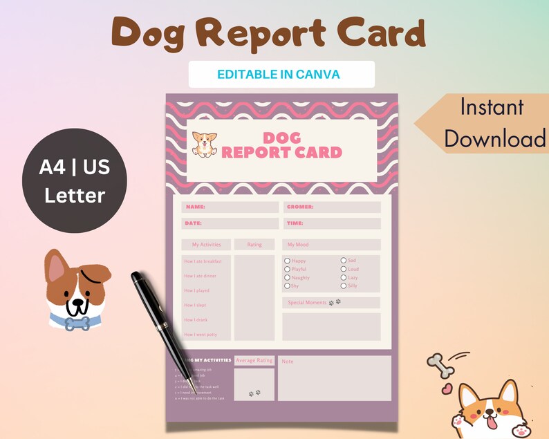 Op de afbeelding: Een printbare hondenrapportkaart sjabloon met een schattige cartoon hond illustratie. De sjabloon bevat secties voor naam, datum, trimmer, tijd, activiteiten, beoordeling, stemming en speciale momenten. De sjabloon is bewerkbaar in Canva en beschikbaar voor directe download in A4 of US Letter formaat.