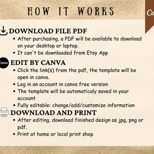 Puede incluir: Un fondo beige con texto marr&oacute;n que explica c&oacute;mo descargar, editar e imprimir una plantilla digital. El texto incluye las palabras "Descargar archivo PDF", "Editar con Canva" y "Descargar e imprimir".