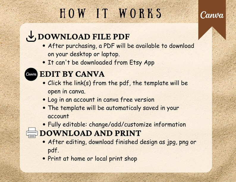 Puede incluir: Un fondo beige con texto marr&oacute;n que explica c&oacute;mo descargar, editar e imprimir una plantilla digital. El texto incluye las palabras "Descargar archivo PDF", "Editar con Canva" y "Descargar e imprimir".