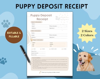 Puede incluir: Plantilla de recibo de depósito de cachorro editable con una linda ilustración de cachorro de dibujos animados. El formulario incluye secciones para la información del comprador y del vendedor, los detalles del cachorro, el método de pago, el monto del depósito y los términos y condiciones.