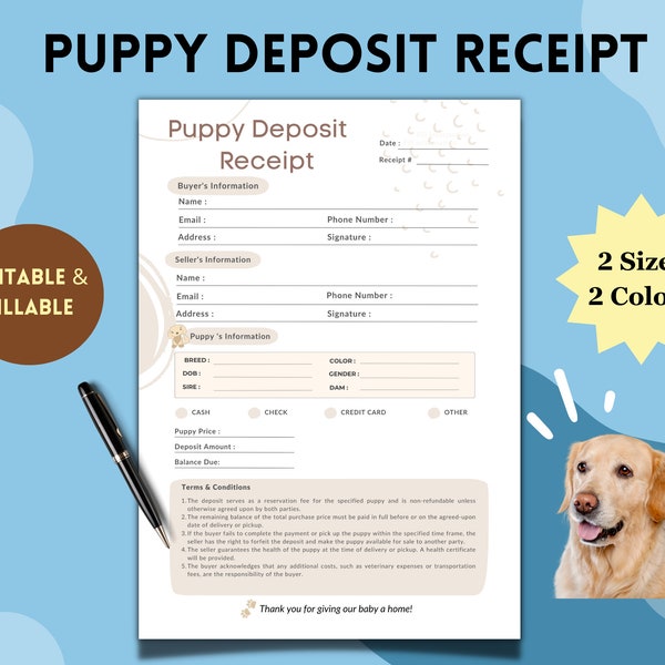 Puppy Dog Deposit Receipt, Puppy Bill of Sale, Fillable Puppy Deposit Form,Dog Breeder Forms,Dog Bill of Sale Form,New Puppy,Dog Report Card