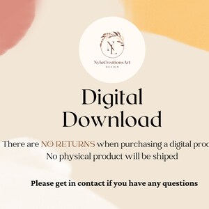 Op de afbeelding: Digitale download-afbeelding met een lichtbruine achtergrond en een perzik- en geel aquarelontwerp. De tekst luidt "Digitale Download" in zwart lettertype. De tekst hieronder luidt "Er zijn GEEN RETOUREN bij de aankoop van een digitaal product. Er wordt geen fysiek product verzonden. Neem contact op als u vragen heeft."