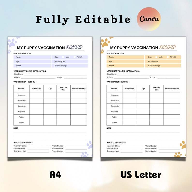 May include: A printable vaccination record for puppies. The document includes sections for pet information, veterinary clinic information, and vaccination history. The document is designed to be printed on A4 or US Letter size paper.