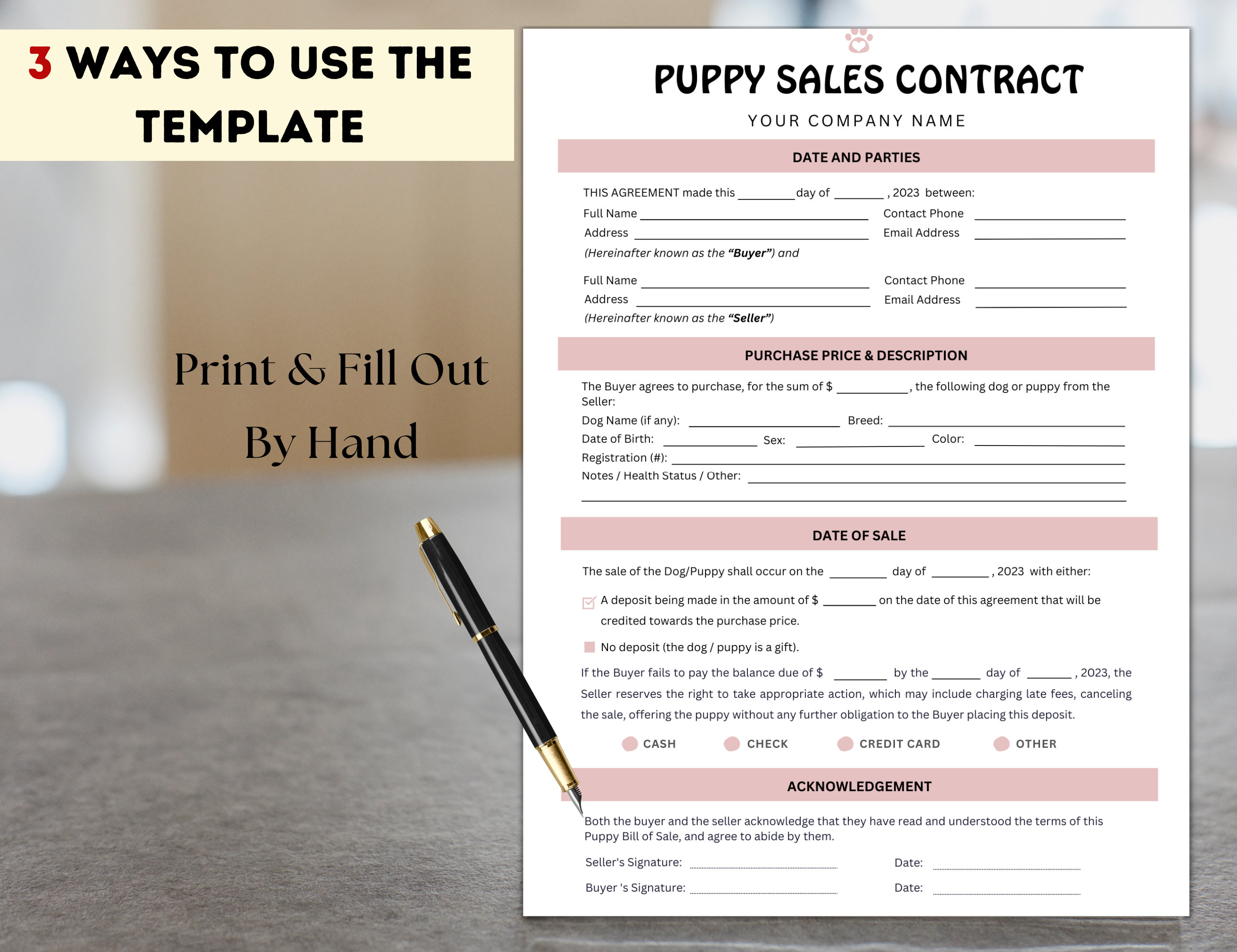 Fillable Puppy Sales Agreement Puppy Bill of Sale Puppy Sales Contract ...