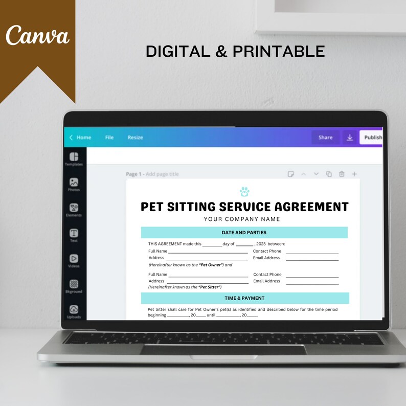 Pet Sitting Forms Service Agreement, 3 Page DIY Editable Canva Template