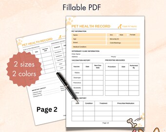 Puede incluir: Un formulario de registro de salud para mascotas imprimible con secciones para información de la mascota, historial de vacunación, medidas preventivas e historial médico. El formulario está diseñado para ser completado por los dueños de mascotas para hacer un seguimiento de la salud de su mascota.