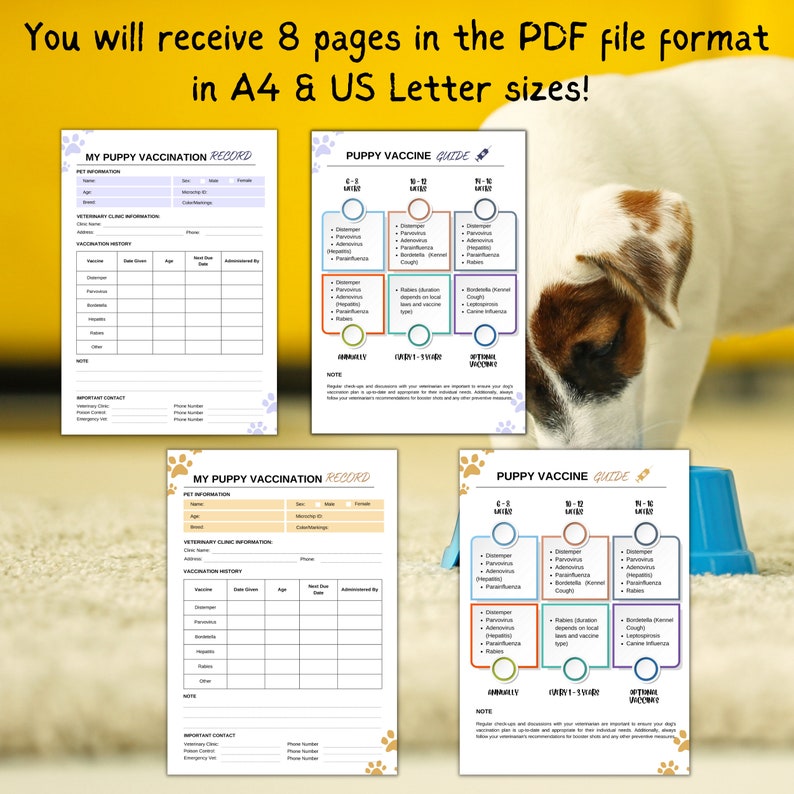 May include: Printable puppy vaccination record and guide featuring paw print designs. The guide includes a chart of recommended vaccinations for puppies at different ages. The record includes sections for pet information, veterinary clinic information, and vaccination history.