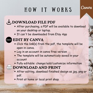 May include: A graphic with instructions on how to download, edit, and print a digital template. The graphic features a download icon, a printer icon, and the text "Download File PDF", "Edit by Canva", and "Download and Print".