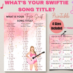 ¿Cuál es tu nombre de Swiftie? Póster Título de la canción Juegos de fiesta de Swiftie Paquete de juegos de fiesta de Taylor T Swift Party Juegos de fiesta para adolescentes Juegos de despedida de soltera