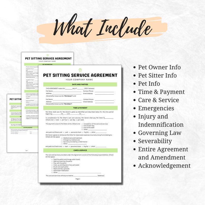 Pet Sitting Forms Service Agreement, 3 Page DIY Editable Canva Template