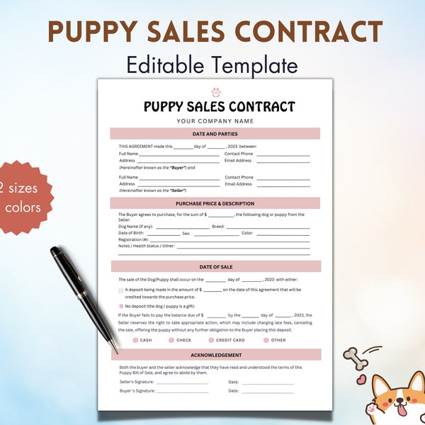 Fillable Puppy Sales Agreement, Puppy Bill of Sale, Puppy Sales Contract, Editable Puppy Deposit Form, Dog Breeder Forms,New Puppy,Printable