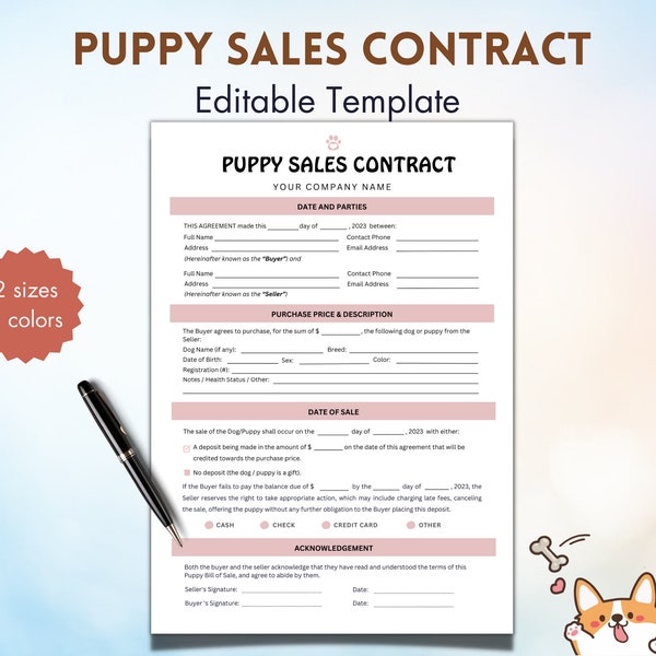 Editable Puppy Sales Contract: Breeder Forms (Fillable PDF)