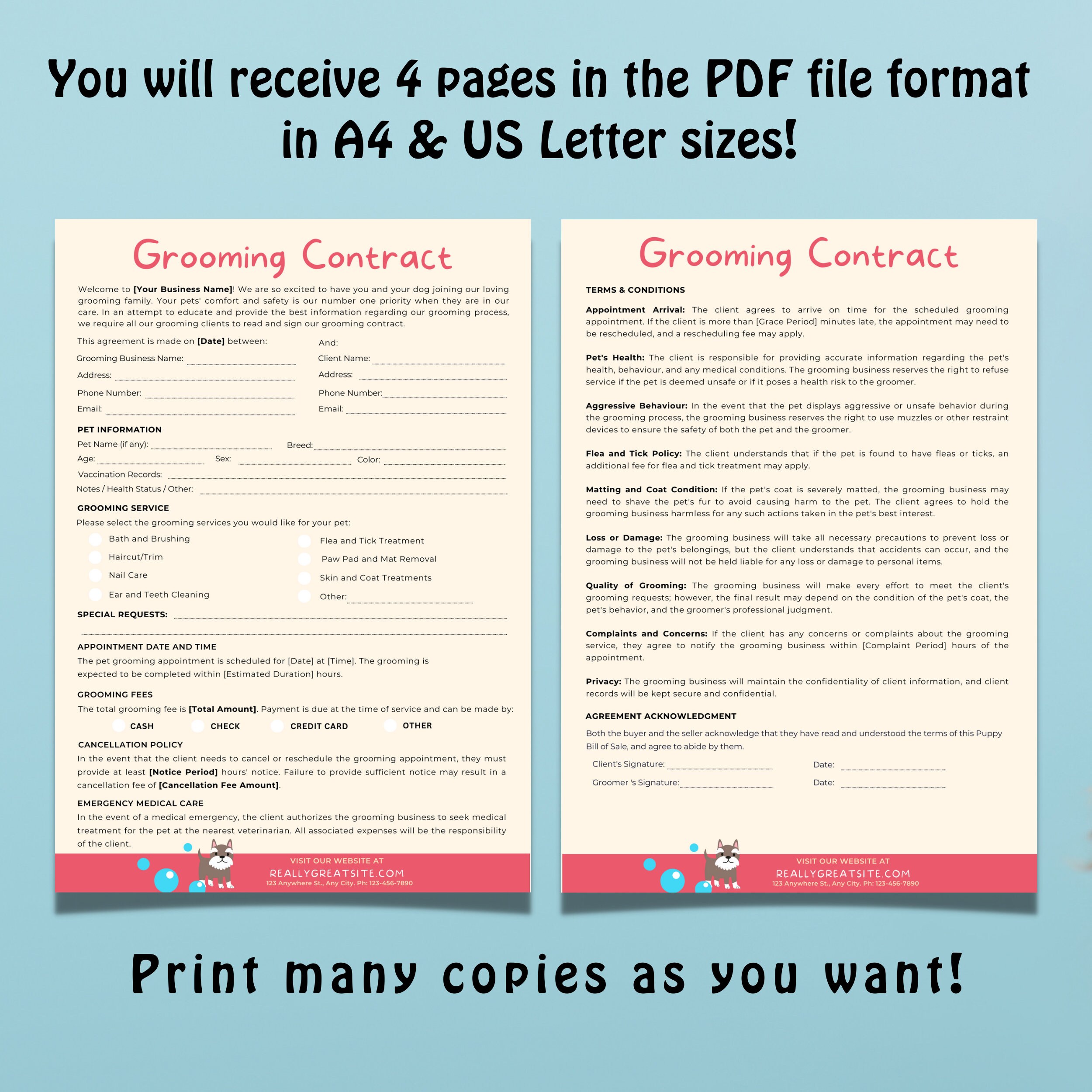 Dog Grooming Contract, Pet Grooming Contract Printable, Dog Cat Salon ...