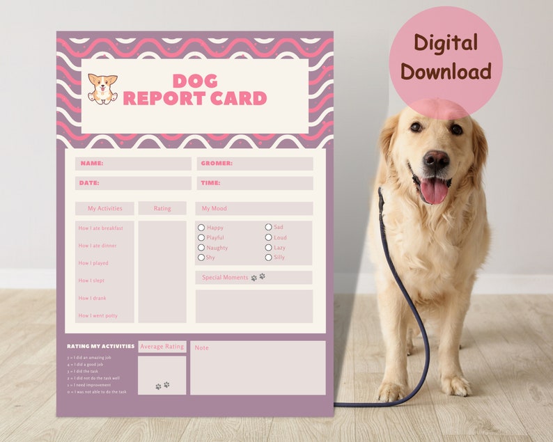 Op de afbeelding: Printbare hondenrapportkaart met een roze en wit ontwerp. De rapportkaart heeft secties voor naam, datum, tijd, activiteiten, beoordeling, stemming en speciale momenten. De rapportkaart bevat ook een sectie voor het beoordelen van activiteiten met een schaal van 1 tot 5.
