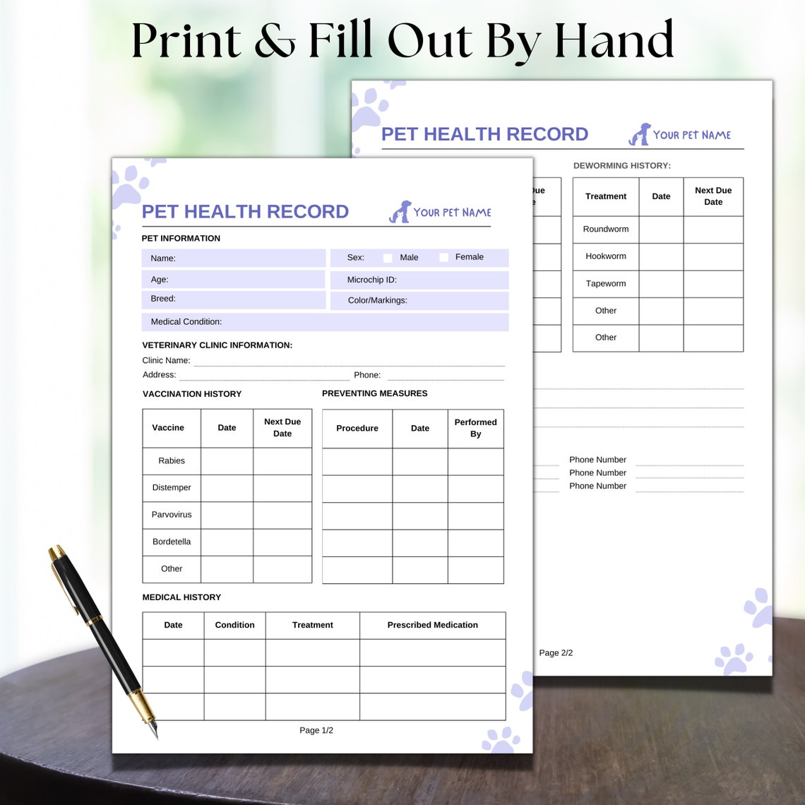 Pet Health Record Printable for New Puppy, Dog or Cat, PDF Editable ...