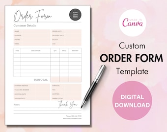 ピンクと白のカスタム注文書テンプレート：中小企業向け（Canva、デジタルダウンロード）