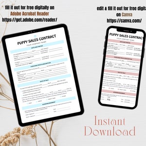 Fillable Puppy Sales Agreement Puppy Bill of Sale Puppy Sales Contract Editable Puppy Deposit ...